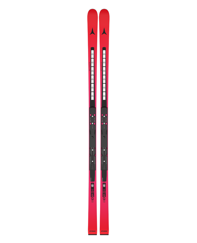 Röda Atomic Redster SG FIS Revoshock 200 26/27 Super-G-skidor med dämpande moduler och integrerat race-interface.