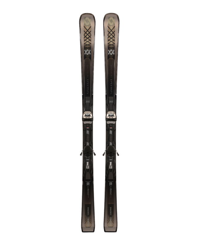 Völkl Peregrine V-WERKS + Lowride 13 FR allmountainskidor med bindningar framifrån mot vit bakgrund.