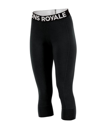 Svart damunderställ med 3/4-längd och elastisk midja med vit Mons Royale-logotyp.
