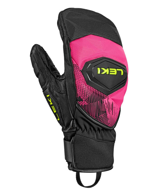 Leki WCR Pro Zero Mitt i neonrosa, svart och gult, robust racingvante med skydd för alpina tävlingsåkare.