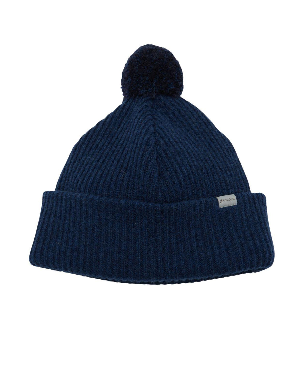 Blå ribbad mössa med pompom och uppvikt kant från Houdini i färgen Hombre Blue.