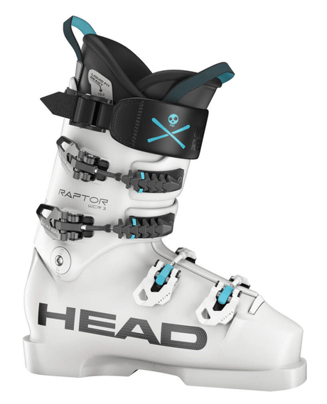 Vit Head Raptor WCR 3 RV 26/27 racepjäxa med Spineflex-spännen och ljusblå detaljer.