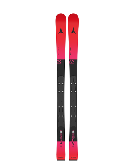 Atomic Redster G9 FIS J-RP 26/27 junior-storslalomskidor i rött och svart med monterad raceplatta.