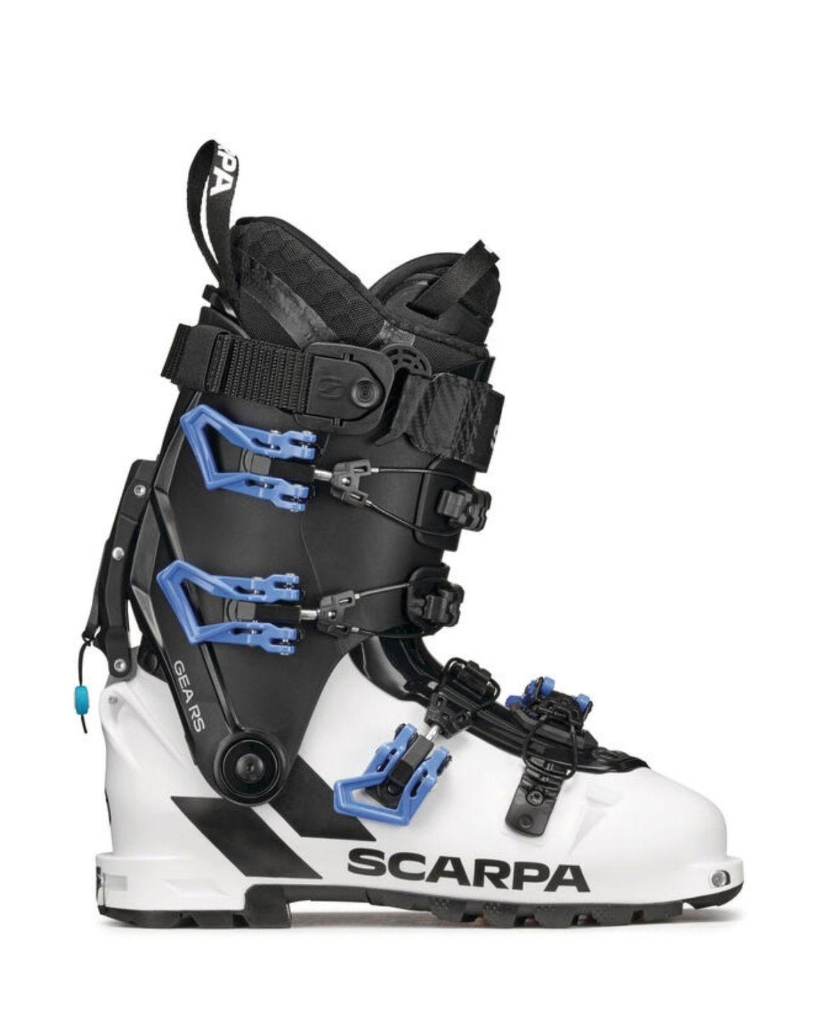 Scarpa GEA toppturspjäxa i vitt och svart med blå spännen från Alpingaraget.