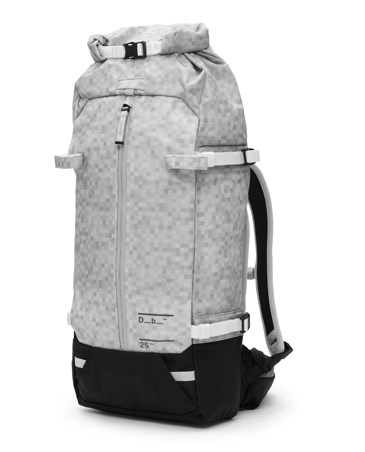D_b_ Snow Pro Backpack 25L i färgen White Noise, en vit och svart skidryggsäck med rulltopp.