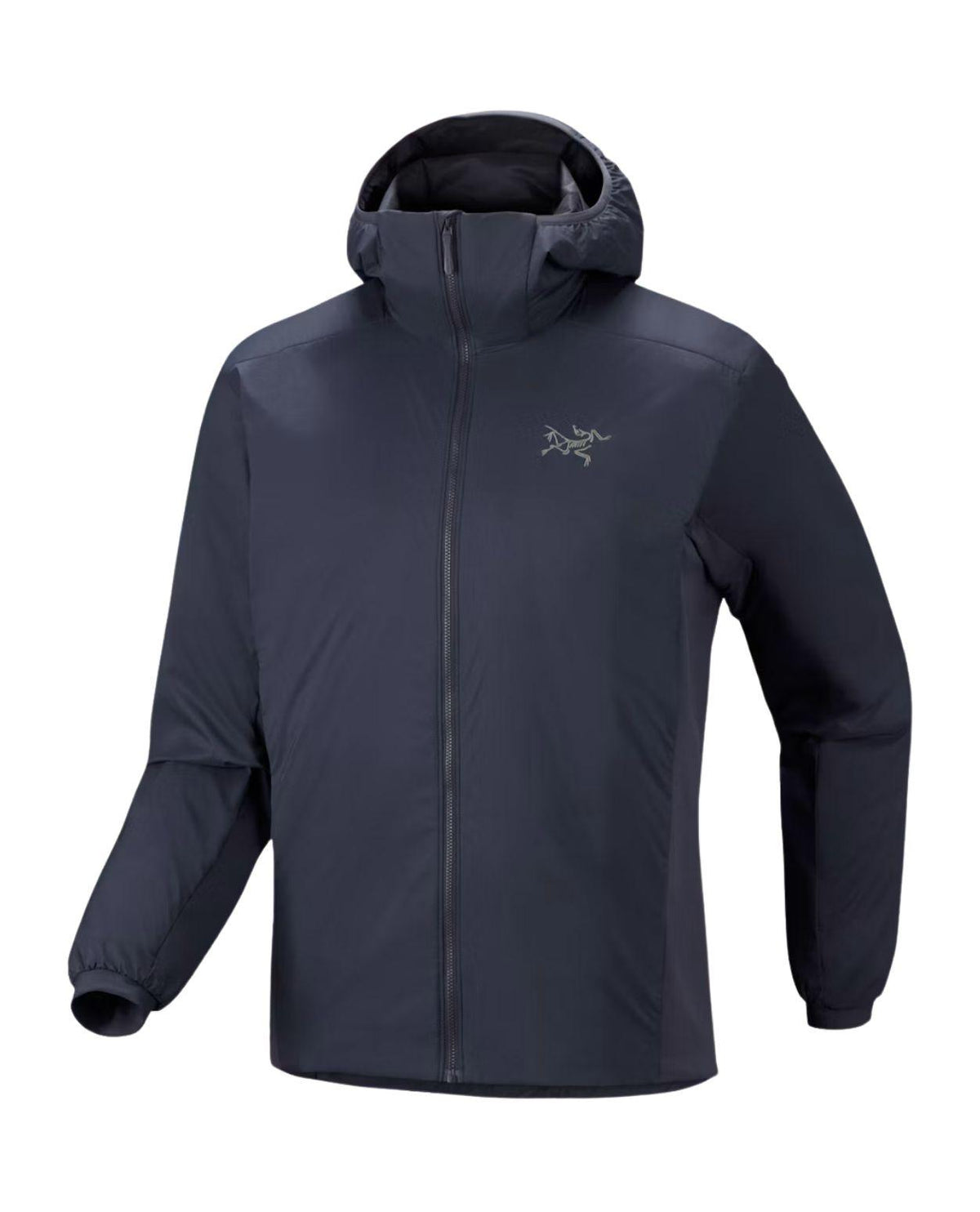 Arc'teryx Atom Hoody mellanlager för herrar i färgen black sapphire med huva och dragkedja.