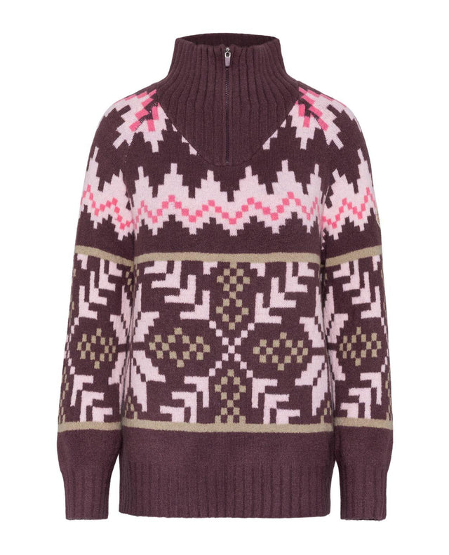 Kari Traa Amelia Knit - Cocoa Powder brun stickad tröja med mönster och hög krage med dragkedja.