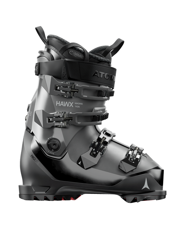 Atomic Hawx Magna 110 S, en stabil alpinpjäxa i svart och grått med bred läst för komfortabel utförsåkning.