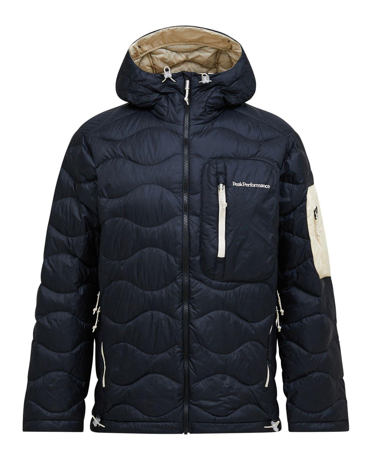 Peak Performance Helium Utility Down Hood Jacket Men i svart och sandfog.