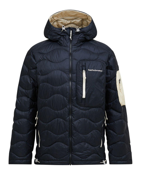 Peak Performance Helium Utility Down Hood Jacket Men i svart och sandfog.