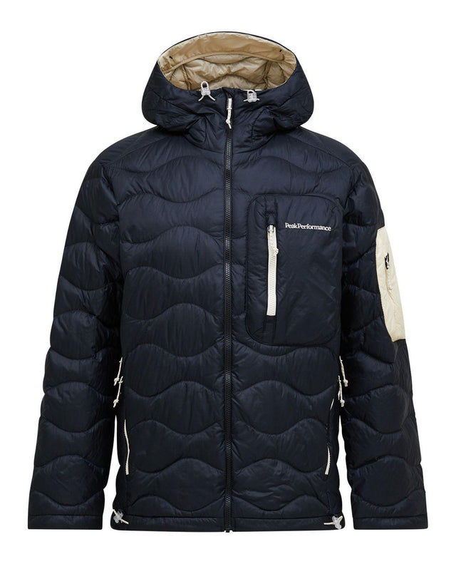 Peak Performance Helium Utility Down Hood Jacket Men i svart och sandfog.