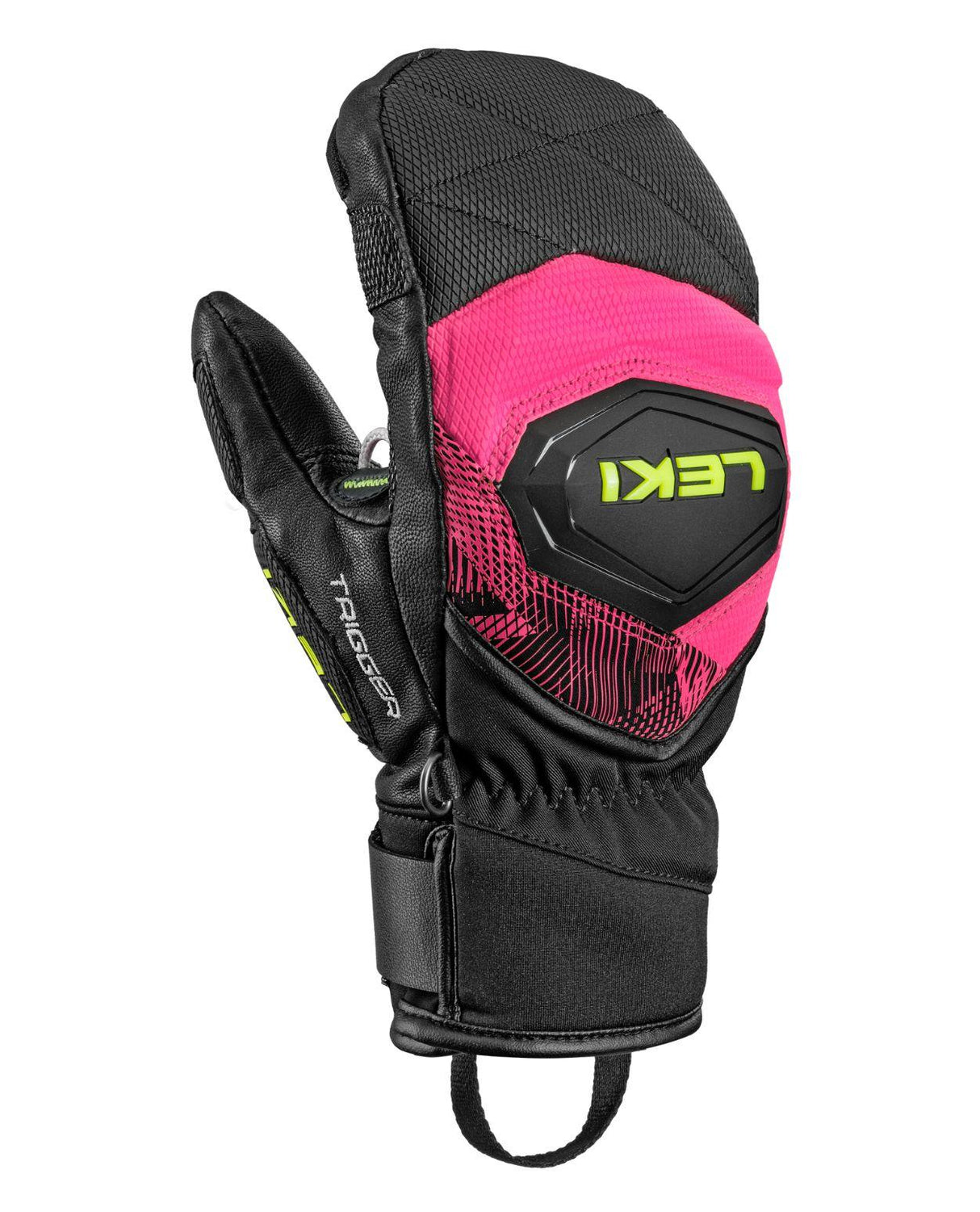 Leki WCR Pro TR Mitt Junior i svart och neonrosa, teknisk racingvante med Trigger-system för unga alpina tävlingsåkare.