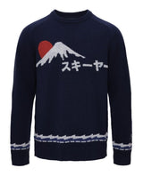 Elevenate Fionnay Knit Men - Dark Navy ulltröja med jacquardmönstrat bergtryck och japansk text för herr