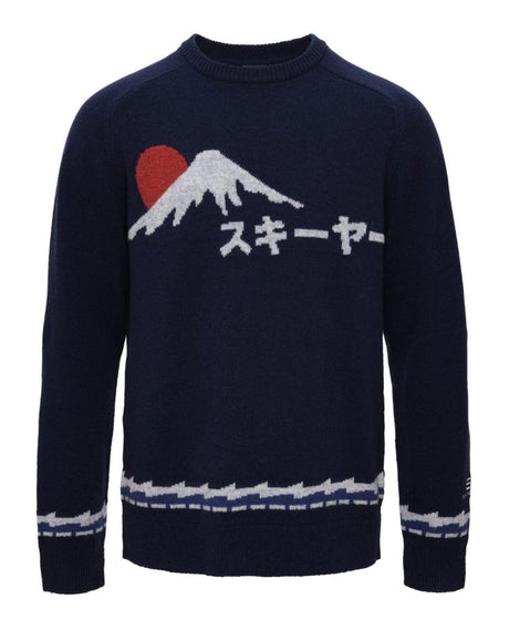 Elevenate Fionnay Knit Men - Dark Navy ulltröja med jacquardmönstrat bergtryck och japansk text för herr
