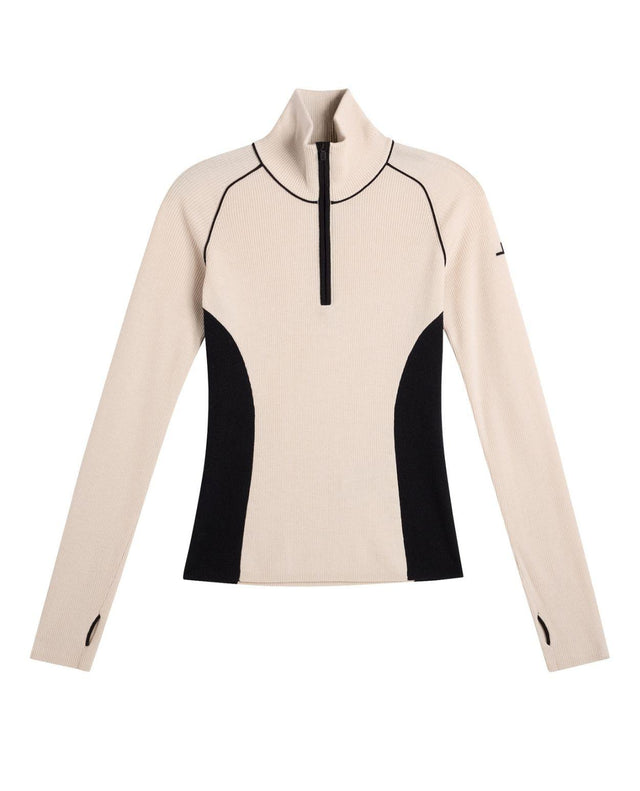 J.Lindeberg Valley Knitted Rib Quarter Zip damtröja i beige och svart med hög krage.