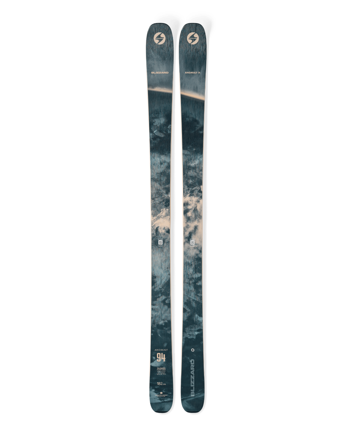 Blizzard Anomaly 94 allmountainskidor med snygg grön och guldfärgad design visade framifrån.