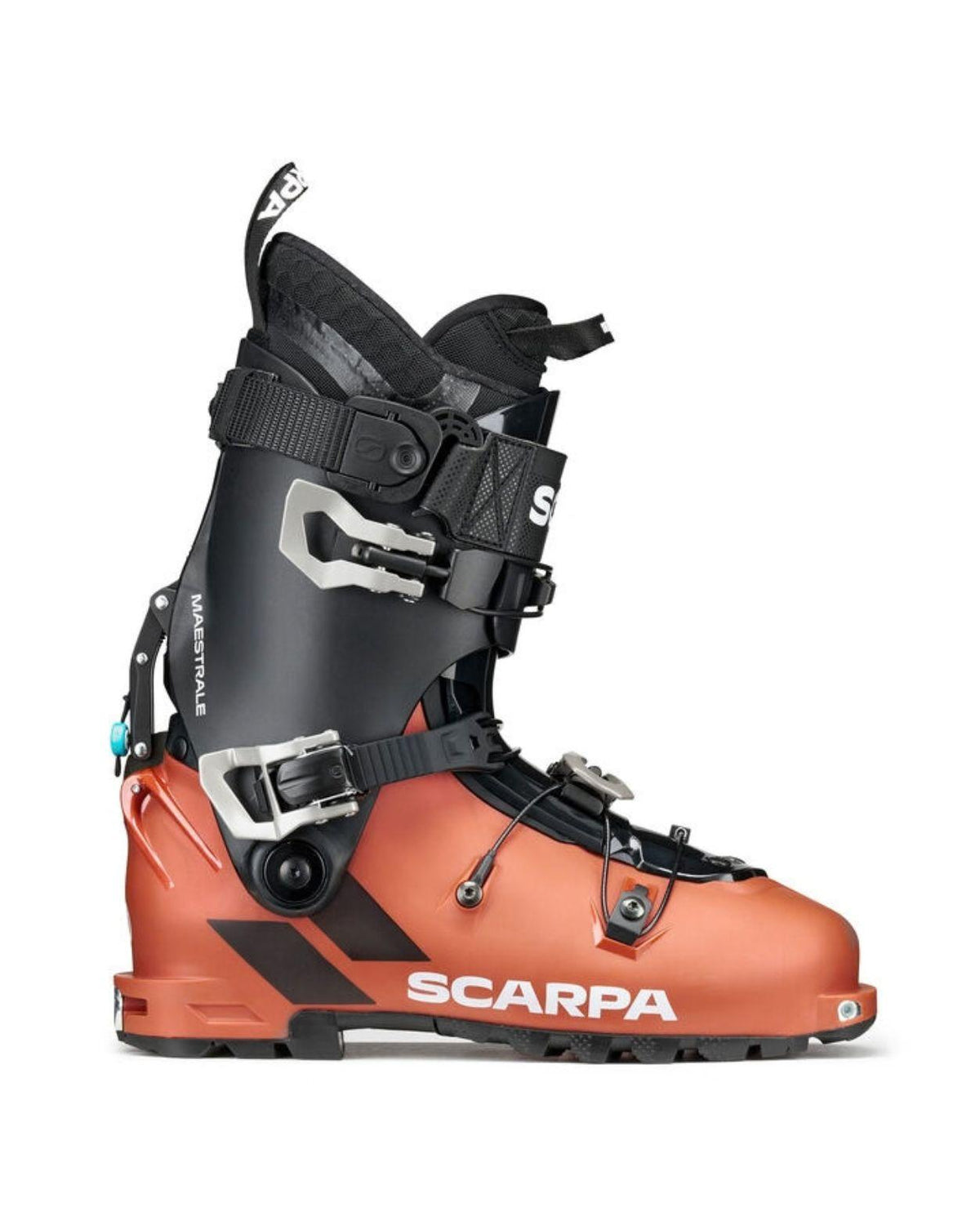 Scarpa Maestrale 26/27 toppturspjäxa i orange och svart design från sidan mot vit bakgrund