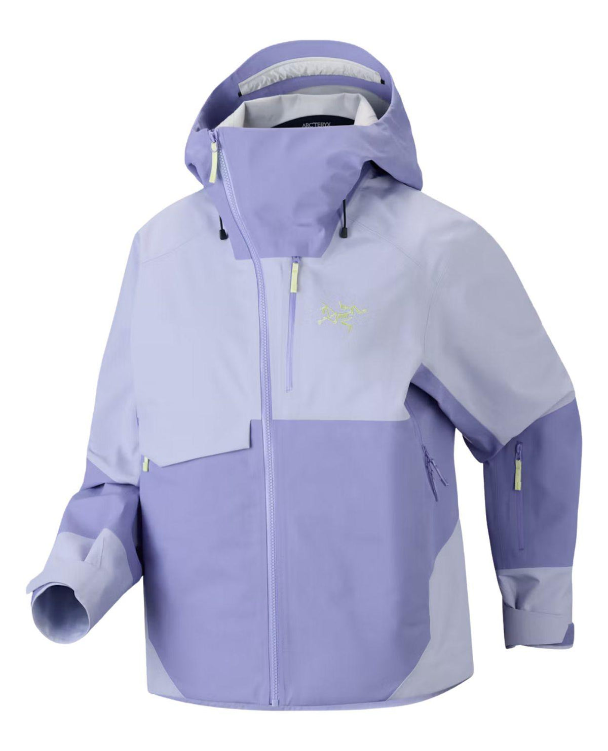 Lila skidjacka för dam från Arc'teryx med asymmetrisk dragkedja och huva.