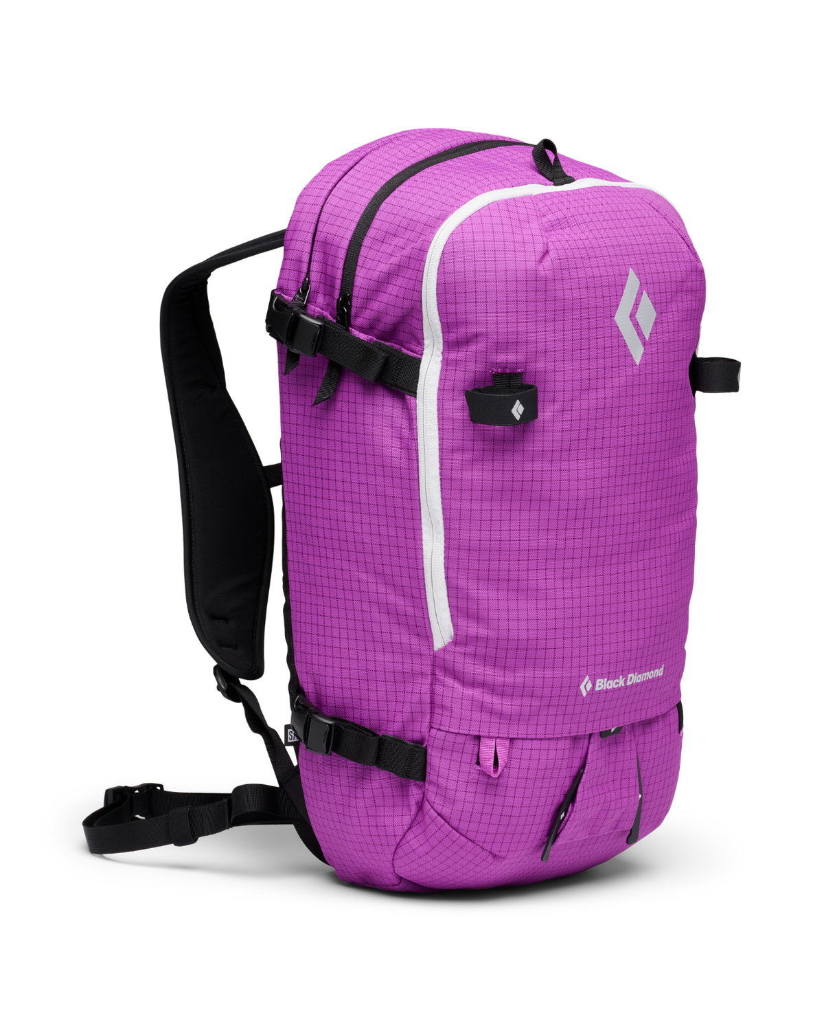 Black Diamond Helio 22 ryggsäck i lila färg med slitstarkt ripstop-material och svarta detaljer för topptur och skidåkning.