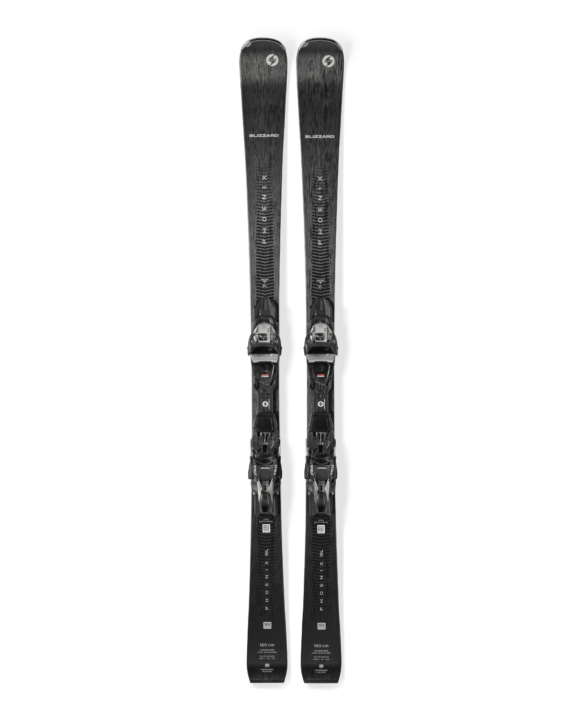 Blizzard Phoenix SL + TP 11 Light Demo damernas pistskidor i svart med förmonterade bindningar framifrån mot vit bakgrund.