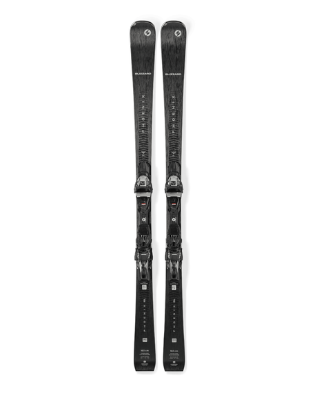 Blizzard Phoenix SL + TP 11 Light Demo damernas pistskidor i svart med förmonterade bindningar framifrån mot vit bakgrund.