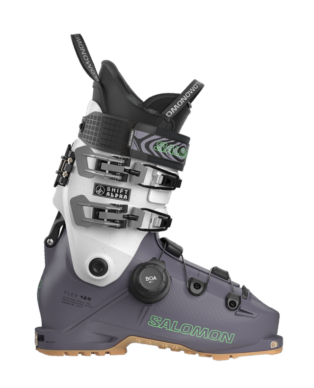 Salomon Shift Alpha BOA 120 alpina pjäxor i grått, vitt och grönt med BOA-spännsystem för herrar.
