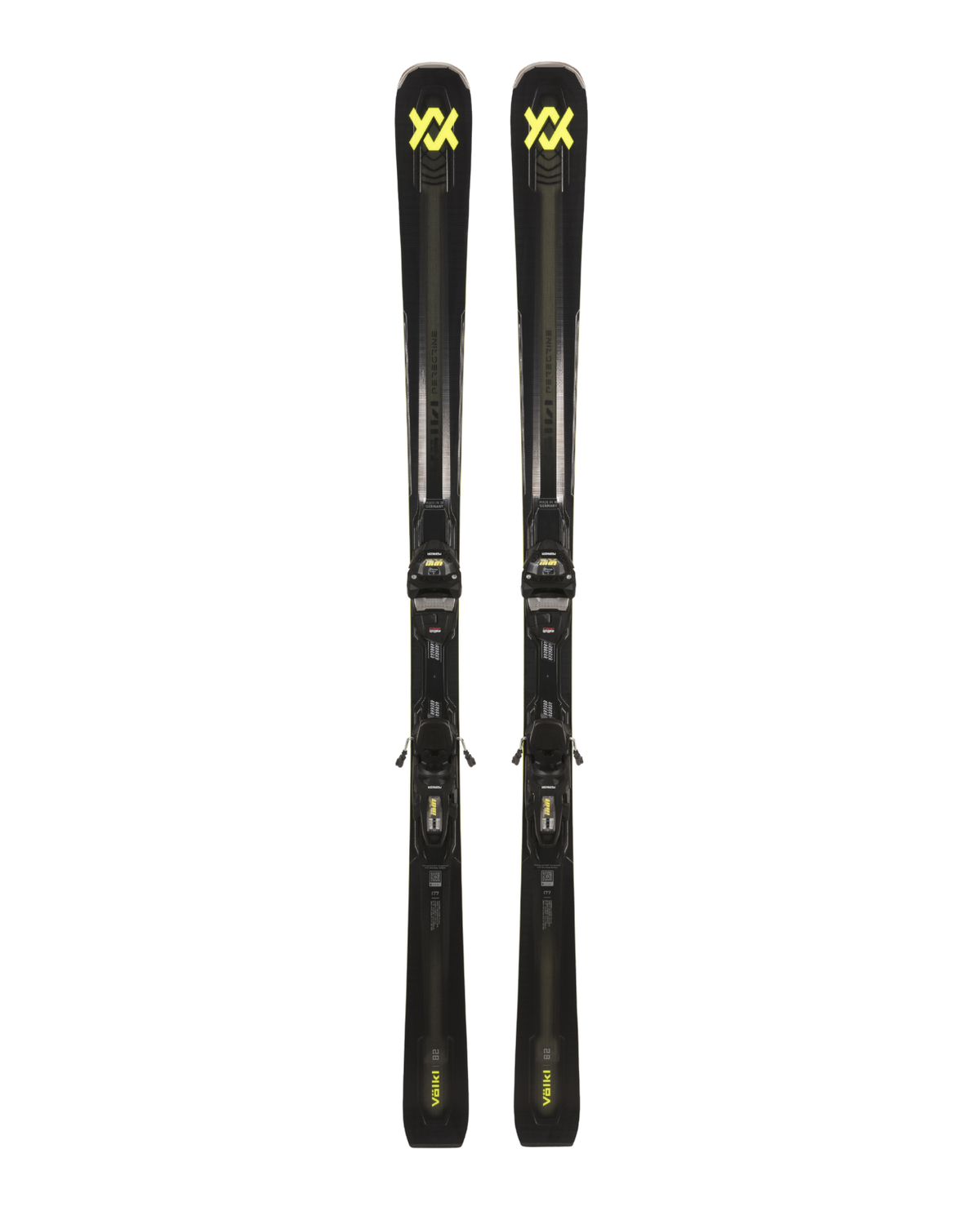 Völkl Peregrine 82 med förmonterade Lowride 13 FR-bindningar framifrån mot vit bakgrund.