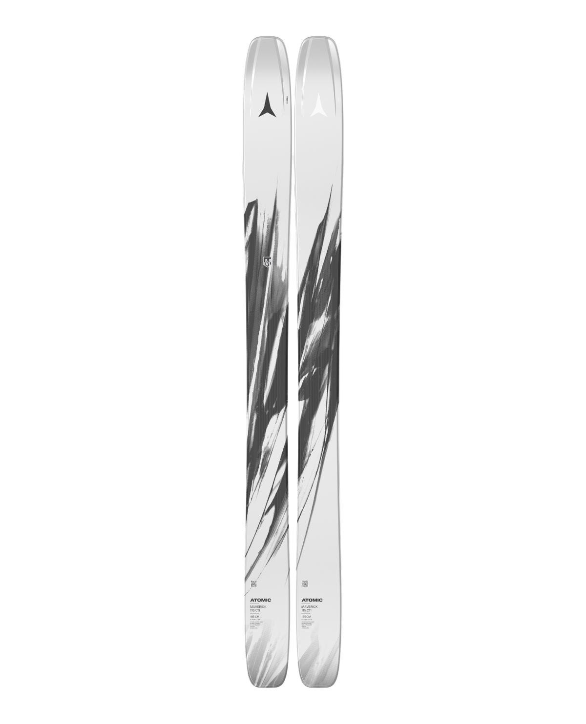 Atomic Maverick 115 CTI 26/27, breda freerideskidor i vitt och svart för maximal stabilitet och flyt i djupsnö.