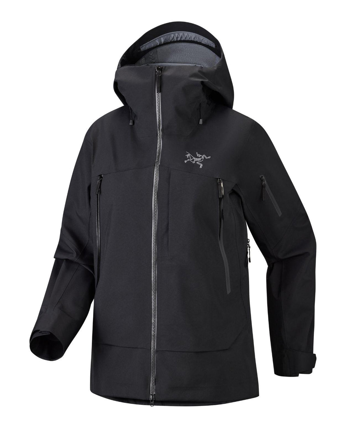 Svart dam skidjacka Arc'teryx Sentinel Jacket i GORE-TEX med huva för friåkning.