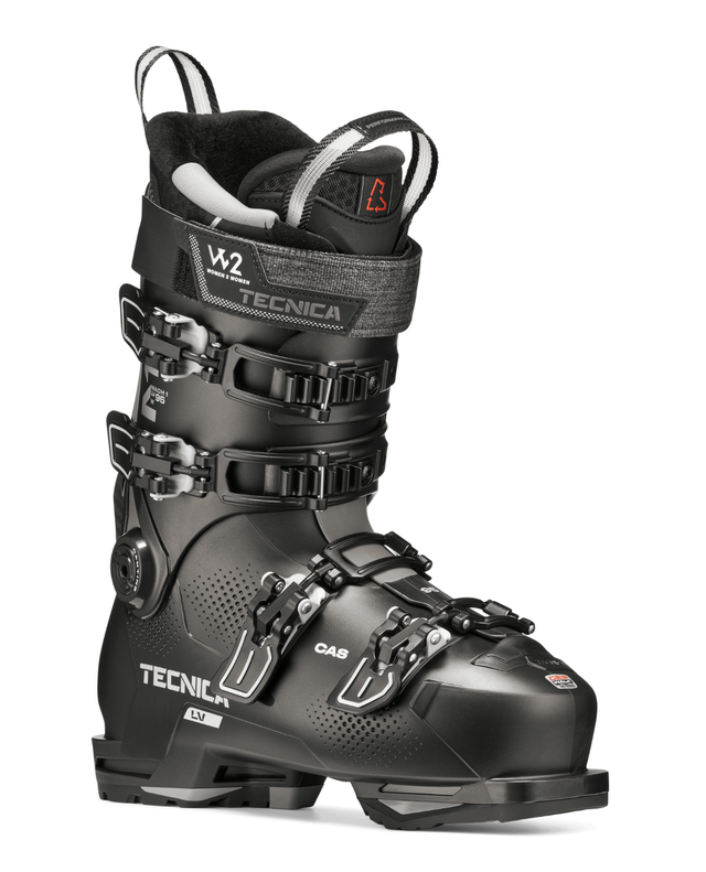 Tecnica Mach1 LV 95 TD2 dam-alpinpjäxa i svart färg med fyra spännen och justerbar powerstrap.