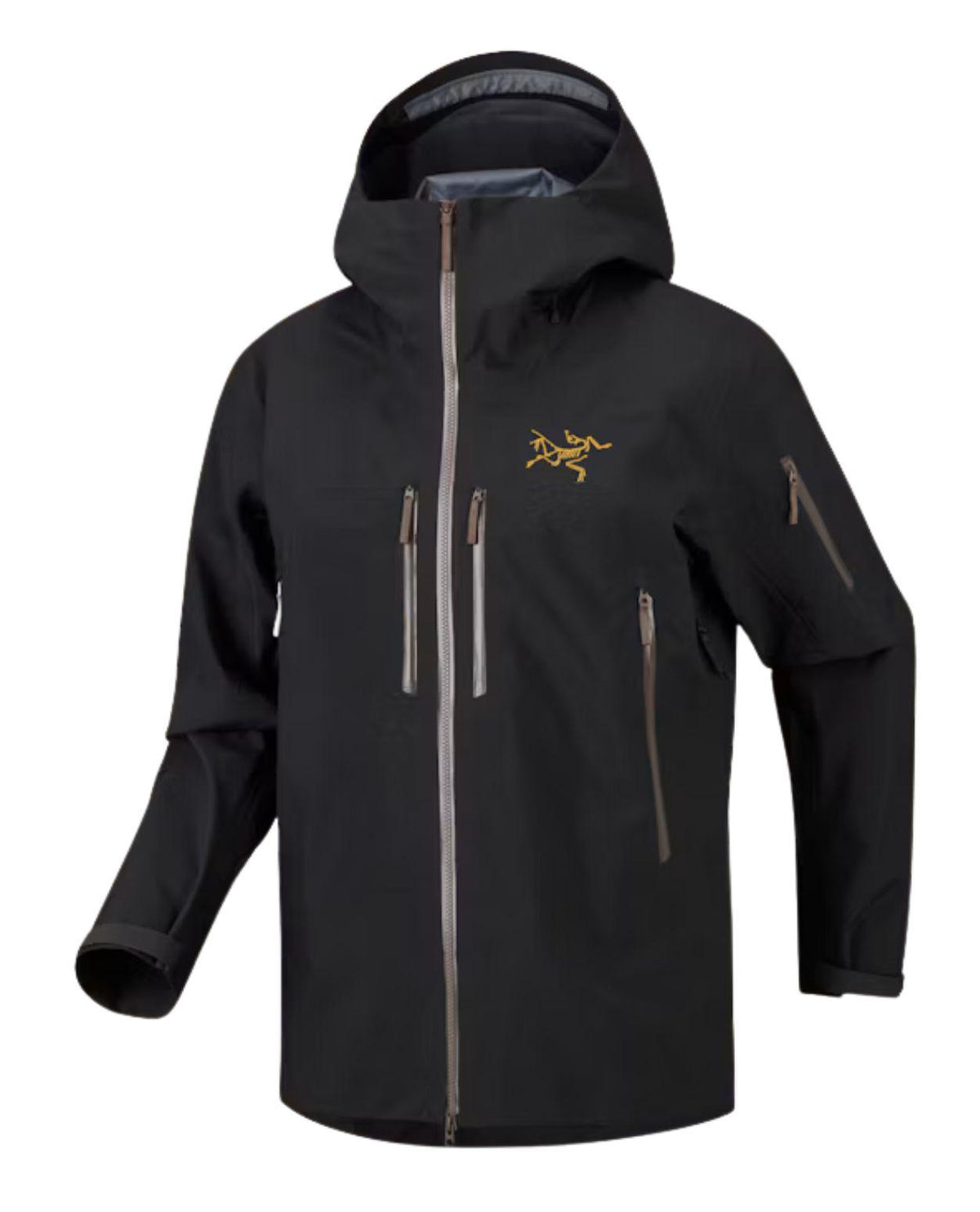 Arc'teryx Rush Jacket Men i svart och mongoose med luva och bröstfickor.