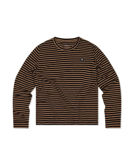 Mons Royale Icon Relax Long Sleeve i brunt och svart randigt mönster med långa ärmar för dam.
