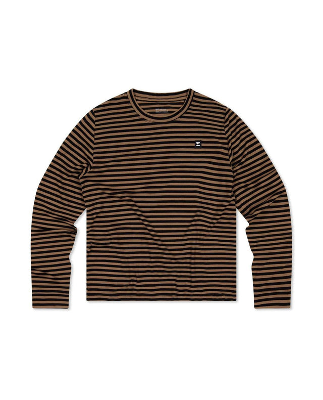 Mons Royale Icon Relax Long Sleeve i brunt och svart randigt mönster med långa ärmar för dam.