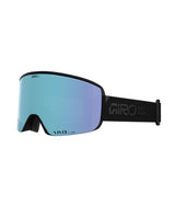 Giro Axis Black Stacked skidglasögon med speglande blå lins och svart rem mot vit bakgrund.
