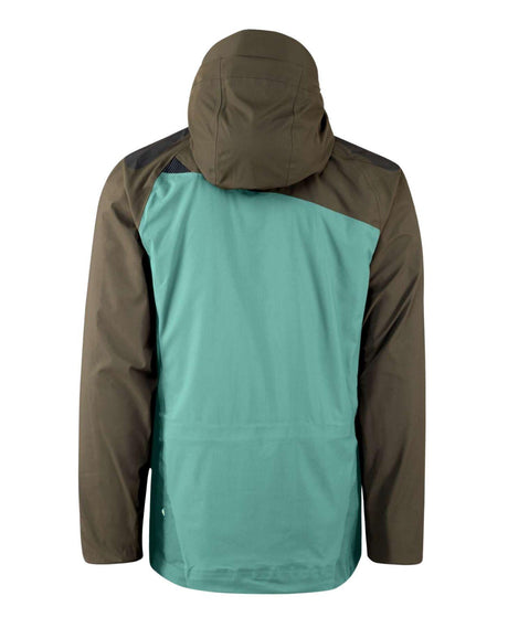 Klättermusen Svalinn Hood Jacket Men i färgerna Mineral Blue och Rosin Green visas bakifrån med huva.