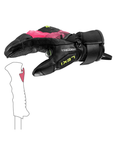 Leki WCR Pro TR Mitt Junior i rosa och svart med Trigger-system och knogskydd för alpina tävlingsåkare.