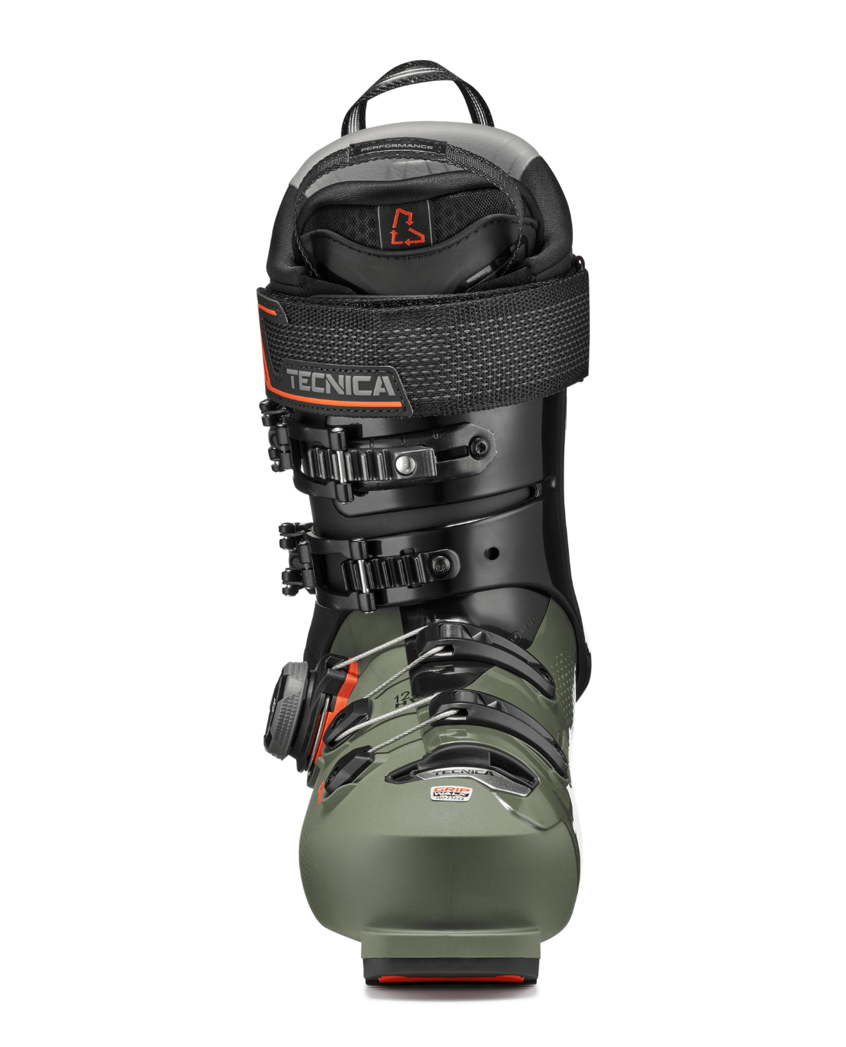Tecnica Mach BOA HV 120 alpinpjäxa i grönt och svart sett framifrån.