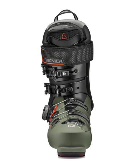 Tecnica Mach BOA HV 120 alpinpjäxa i grönt och svart sett framifrån.
