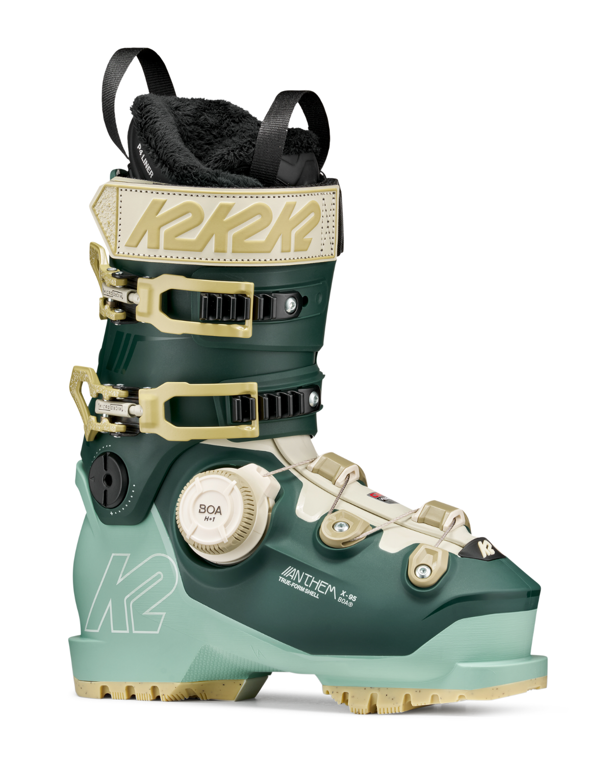 K2 Anthem X 95 BOA damalpinpjäxa i gröna och ljusa nyanser med BOA-spännsystem.