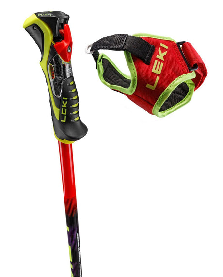 Leki Venom SL TR med nya Trigger 3D SL-greppet och Frame Strap i rött, violett och neongult för tävling.