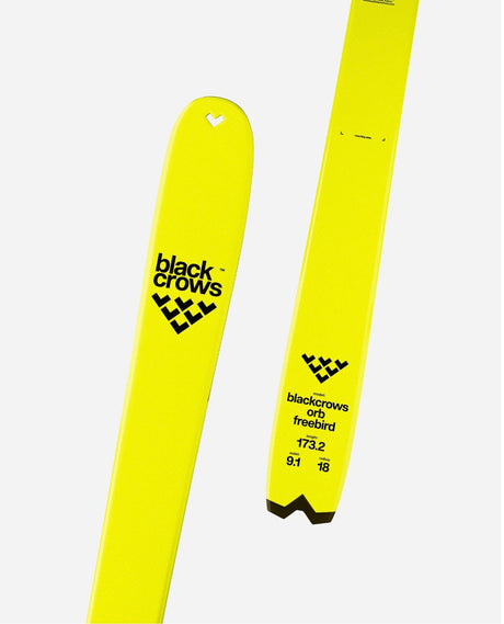 Black Crows Orb Freebird gula topptursskidor som visar skidlängd, midja och svängradie.