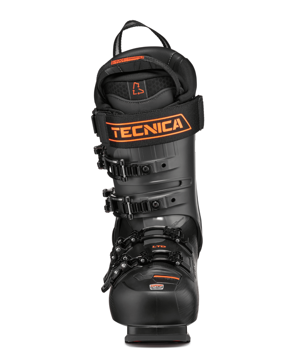 Tecnica Mach1 MV LTD TD2 26/27 - Svart alpinpjäxa framifrån med spännen och powerstrap.