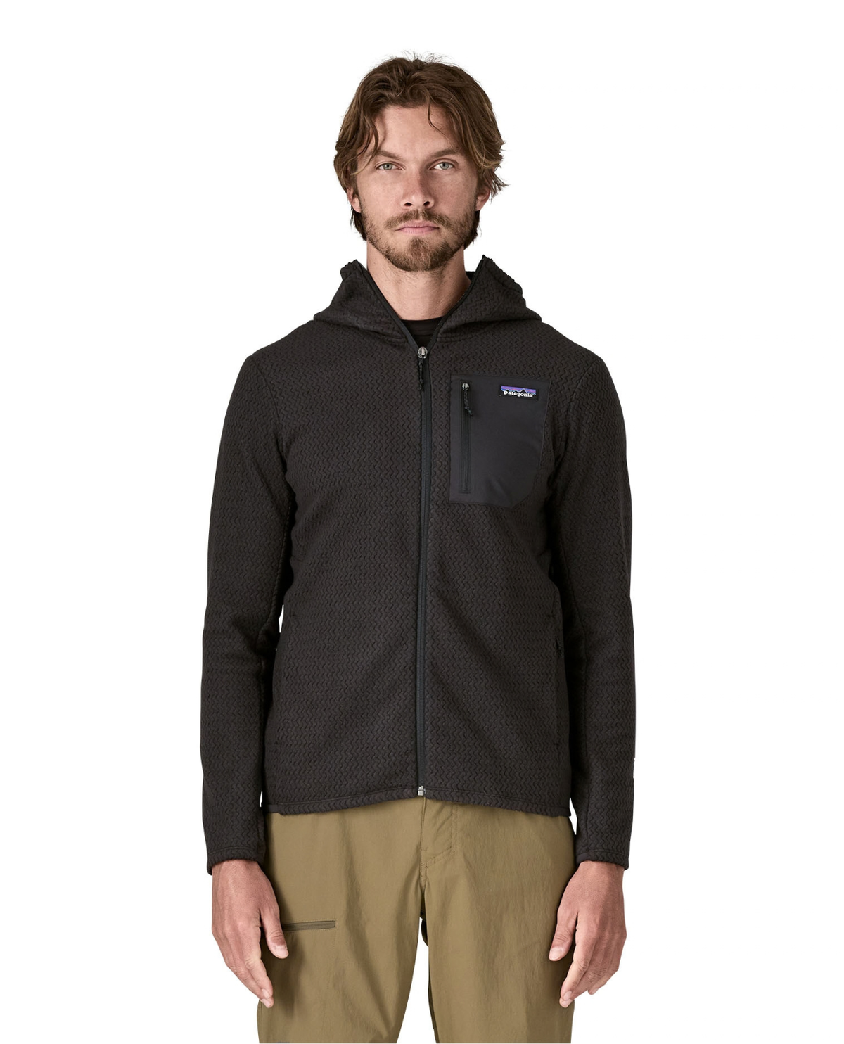 Patagonia R1 Air Full-Zip Hoody Men i svart färg som visar framsidan på en modell.