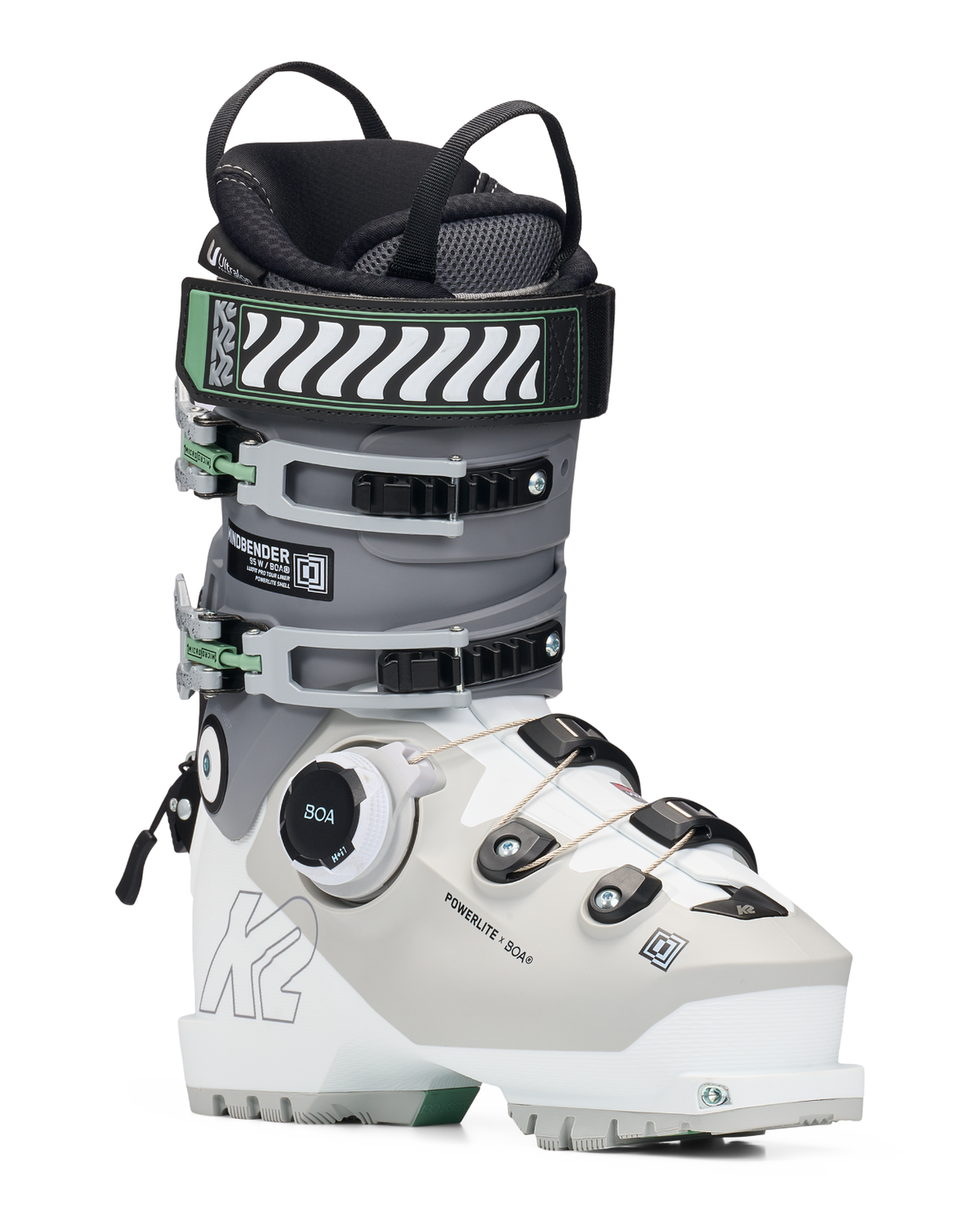 K2 Mindbender 95 BOA Women - Grå/vit dam-alpinpjäxa med BOA-system och Powerlite-skal.