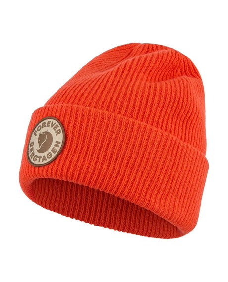 Fjällräven Bergtagen Forever Wool Beanie i färgen Flame Orange med uppvikbar kant och broderad logga.