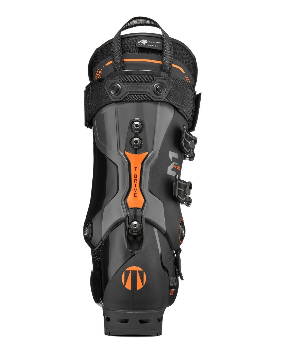 Tecnica Mach1 HV 120 TD alpinpjäxa i svart och orange färg, bakifrån.
