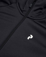 Närbild på Peak Performance Rider Essentials Zip Hood Junior i svart med dragkedja och vit logotyp.