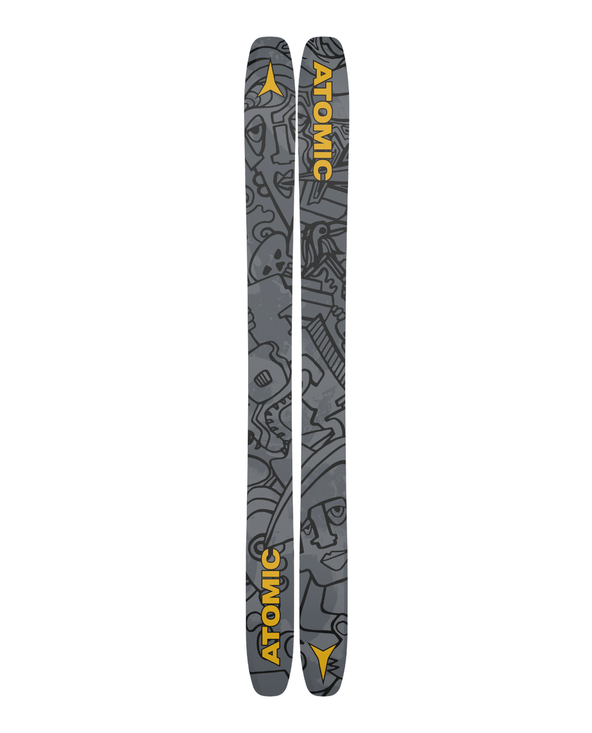 Atomic Bent Chetler 120 26/27 freerideskidor med grå konstnärlig grafik och gula detaljer för djupsnö.