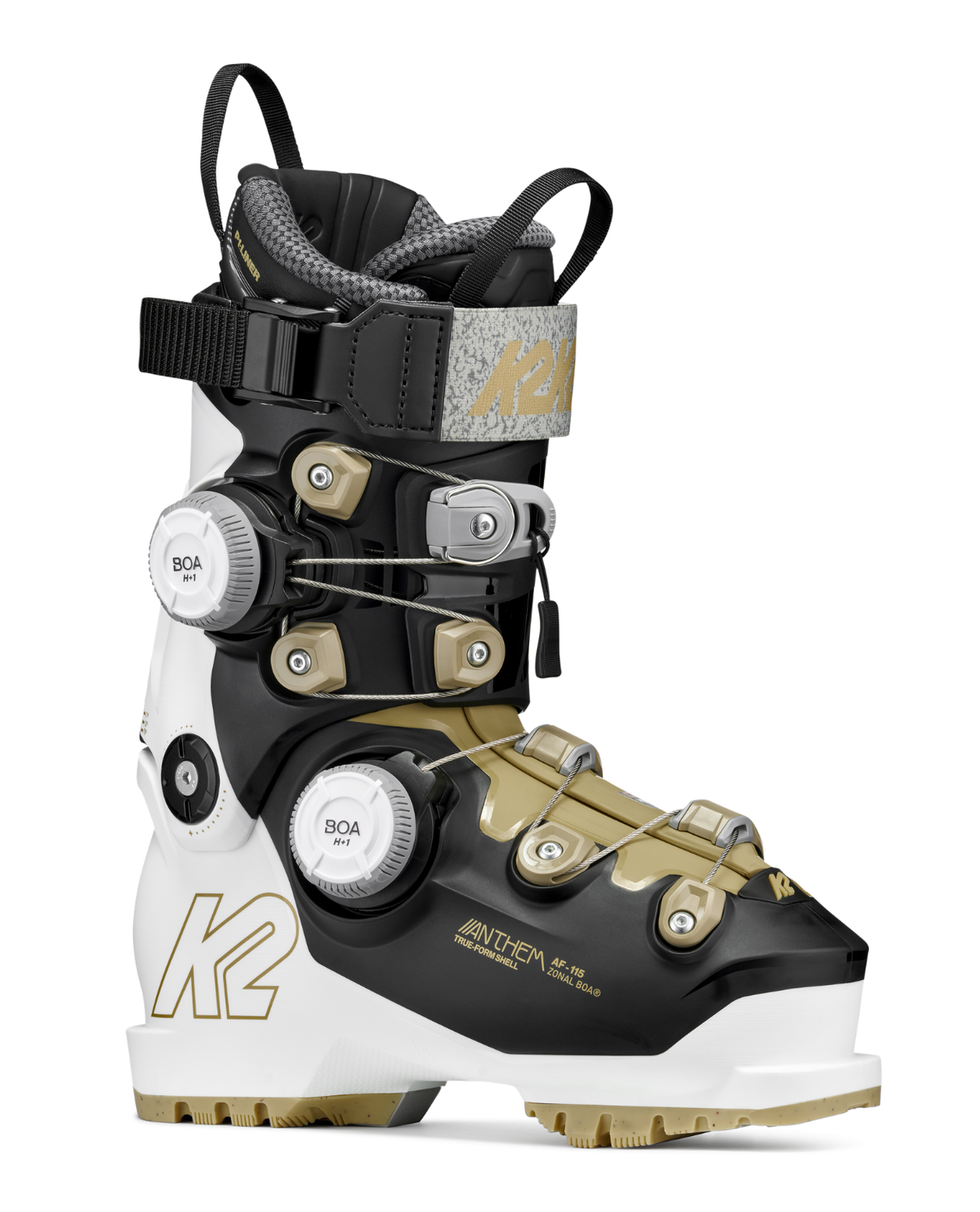 K2 Anthem 115 AF Zonal BOA dam-alpinpjäxa i vit, svart och guld med BOA-system.