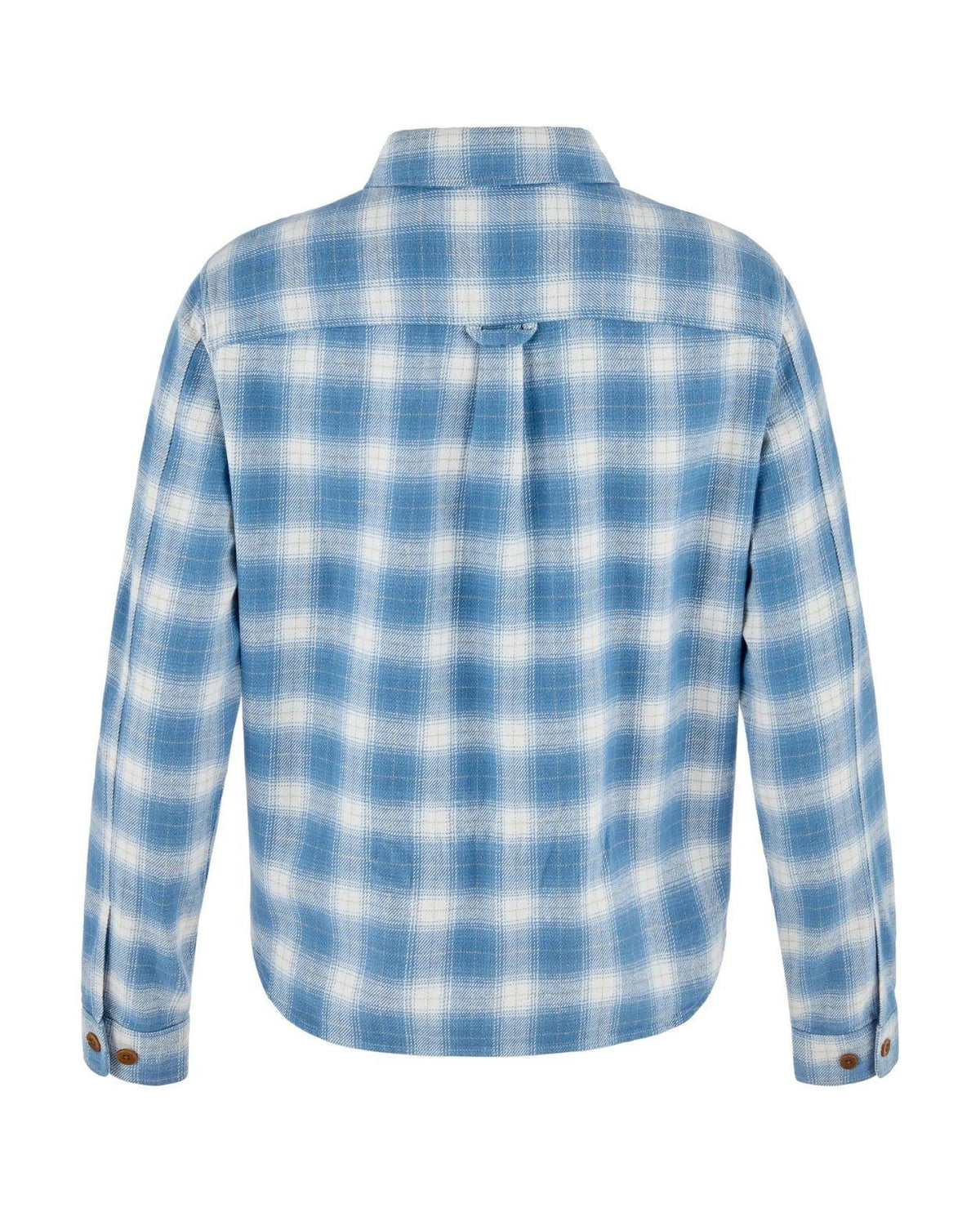 Fjällräven Övik Boxy Flannel Shirt Women bakifrån i blått och vitt rutmönster.